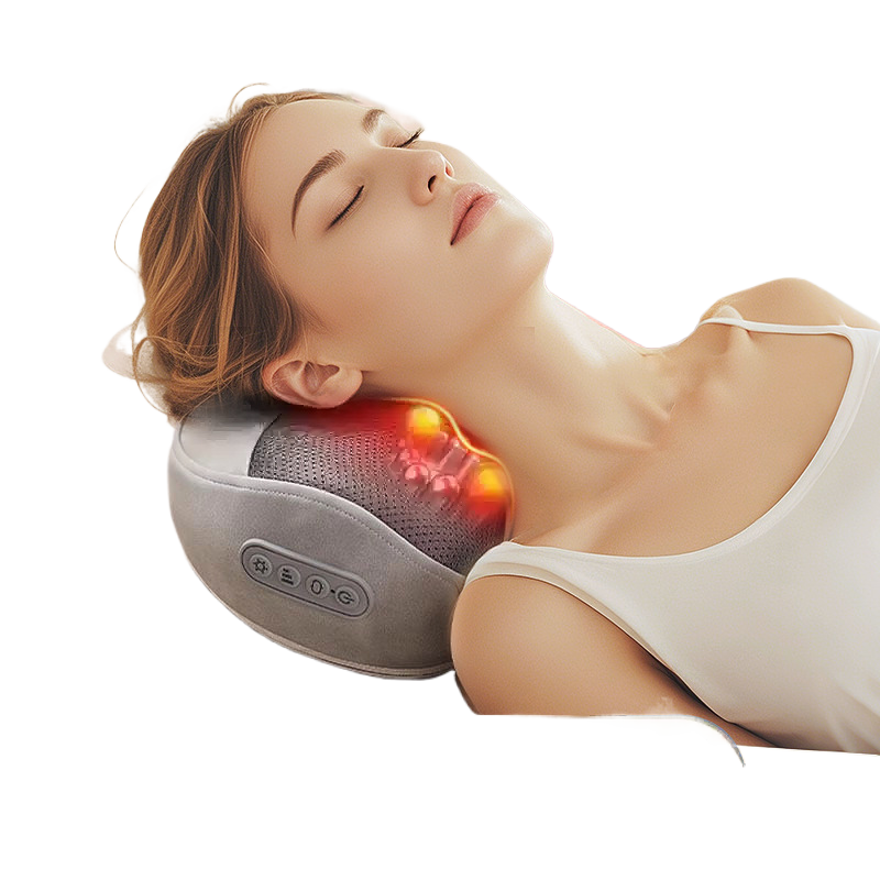 Kneading the shoulder and neck massage pillow and applying hot compress